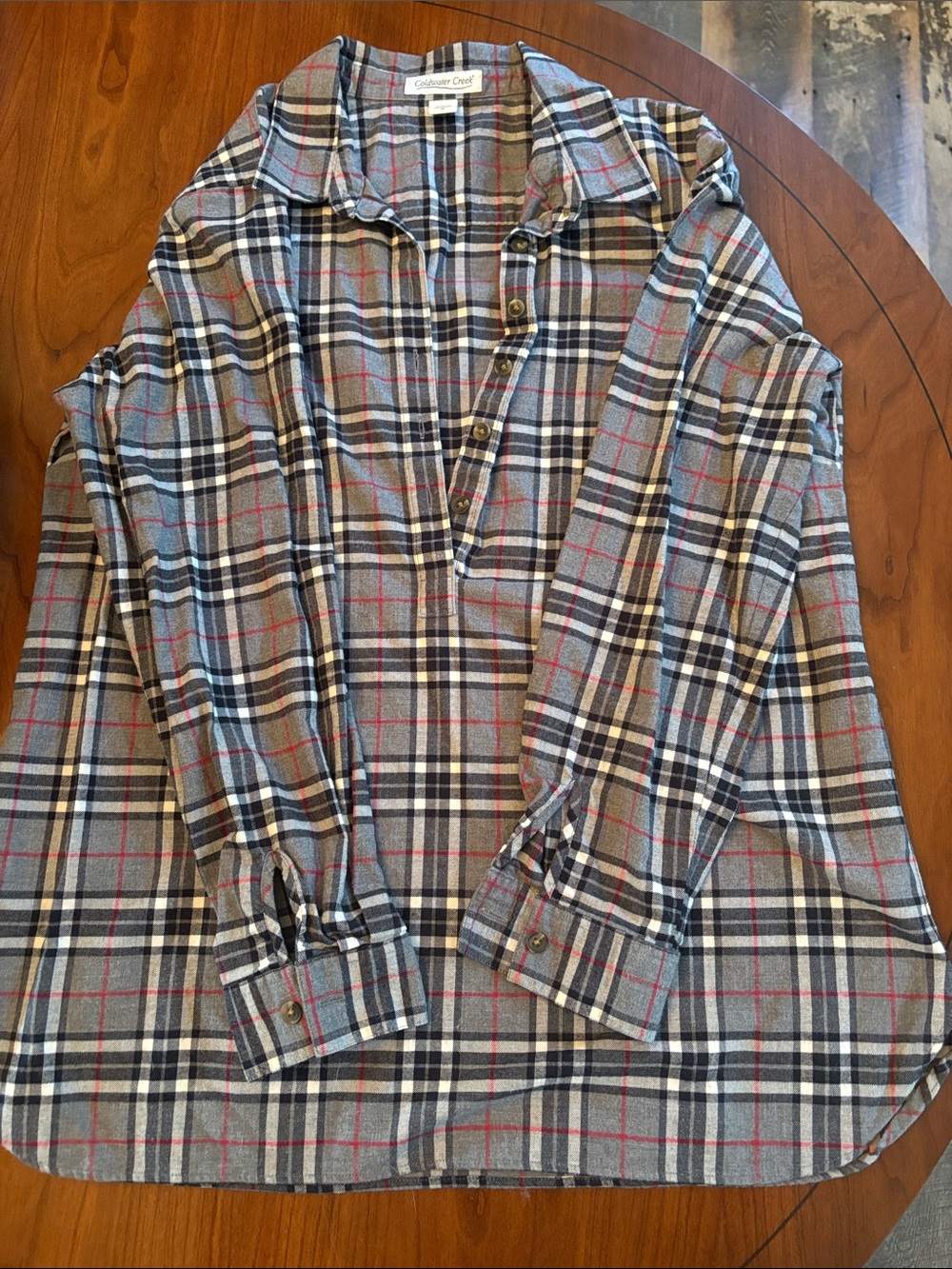 Coldwater Creek Gray Plaid Button-Down Shirt with Navy and Red Accents
